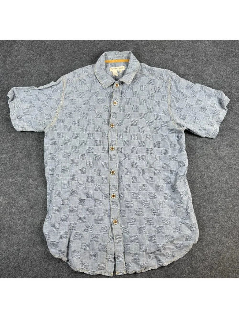 Territory Ahead Shirt Mens Size L Blue Linen Cotton Check Short Sleeve Casual